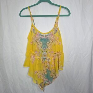 Yellow Floral Handkerchief Hem Tank Top M Boho Tropical Fairycore M Whimsy Top